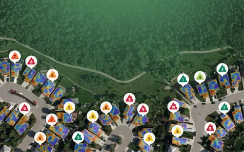 Houses in a community with heat loss rating from 1 to 9 with 1 showing low heat loss and 9 showing most heat loss