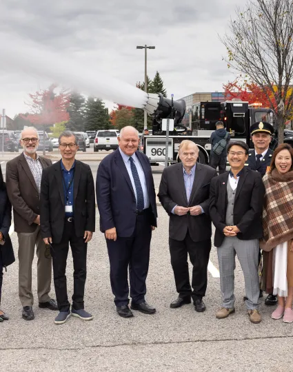 Councillor Ward 1 Keith Irish, Councillor Ward 2 Ritch Lau, Councillor Ward 7 Nimisha Patel, Councillor Ward 3 Reid McAlpine, Deputy Mayor Michael Chan, Mayor Frank Scarpitti, Regional Councillor Jim Jones, Regional Councillor Alan Ho, MFES Chief Chris Nearing, Councillor Ward 6 Amanda Yeung Collucci, Deputy Fire Chief Robert Garland, Councillor Ward 8 Isa Lee, Councillor Ward 4 Karen Rea, and Deputy Fire Chief Ryan Best at the Markham Civic Centre on Oct. 21, 2025.